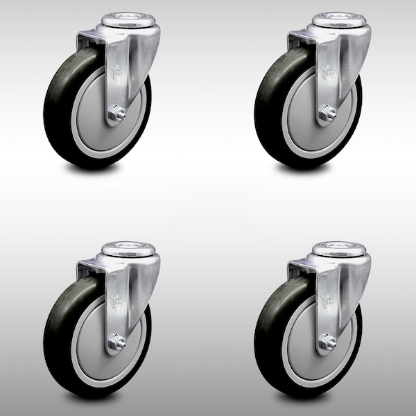 5 Inch SS Black Polyurethane Wheel Swivel Bolt Hole Caster Set
